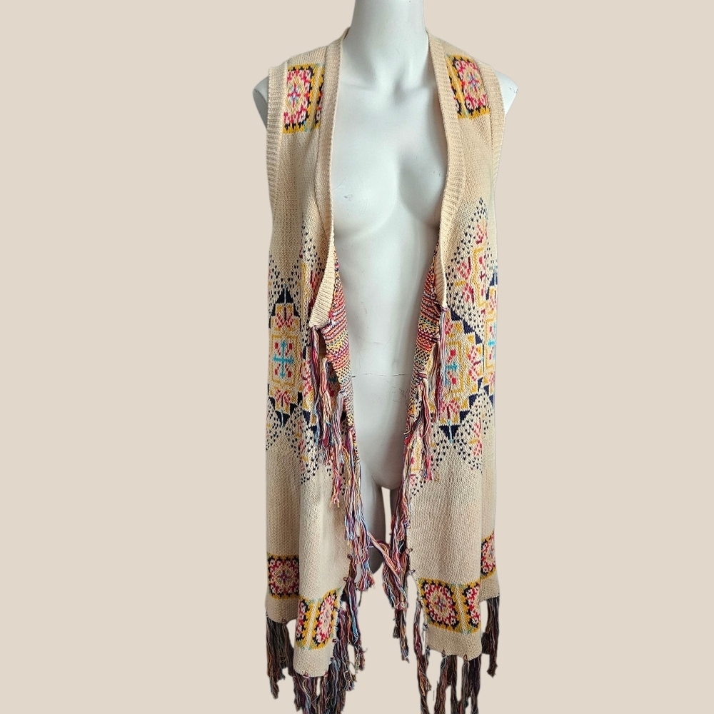 Powder River Outfitters Open Front‎ Aztec Jacquard Print Fringe Cardigan Large